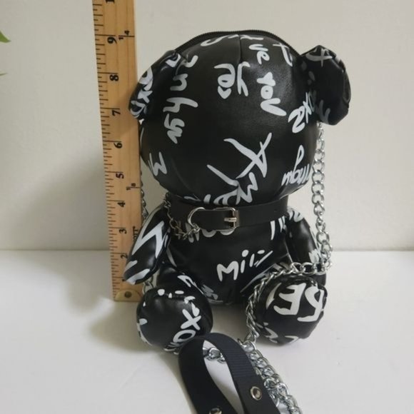 Letter Print Bear Doll Shape Shoulder Bag, Zipper FauxLeather Buckled Chain Cr - Picture 10 of 13